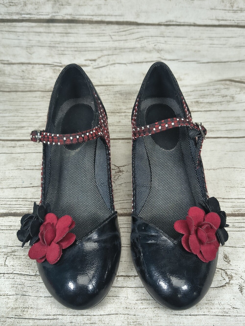 Ruby Shoo Freya Maryjane Pumps Black And Red Floral Women Size 39